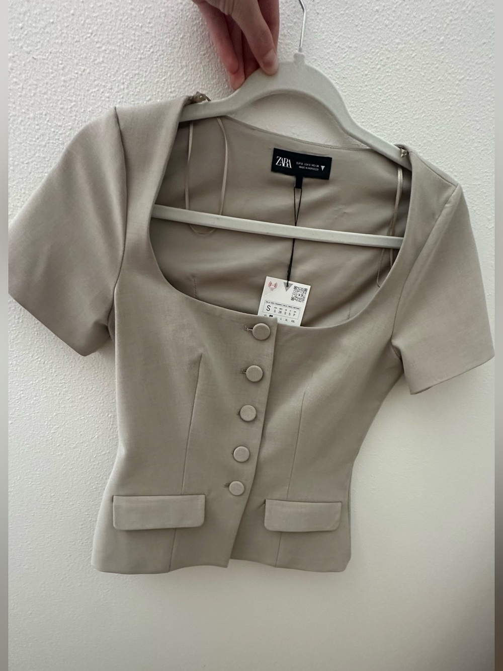 Zara Taupe Short Sleeve Button Front Blazer Top